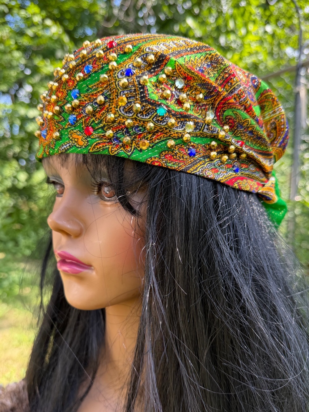 Vintage 60s 70s STUDDED HEAD SCARF Rhinestones Kerchief Triangle Green Metallic